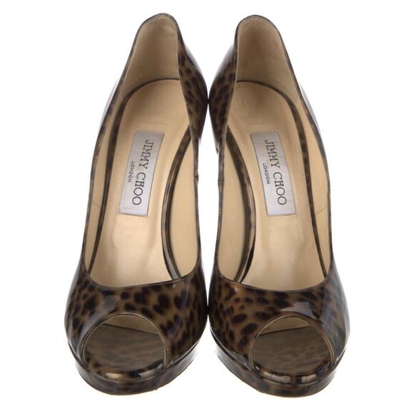 Jimmy Choo Leopard Animal Print Patent Leather Peep Toe Platform Pump IT 38 US 8 - Picture 3 of 5